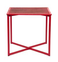 A Red Painted Metal Card Table with Four Folding Chairs height of table 29 1/4 x width 29 1/4 x depth 29 1/4 inches. — MID 20TH CENTURY