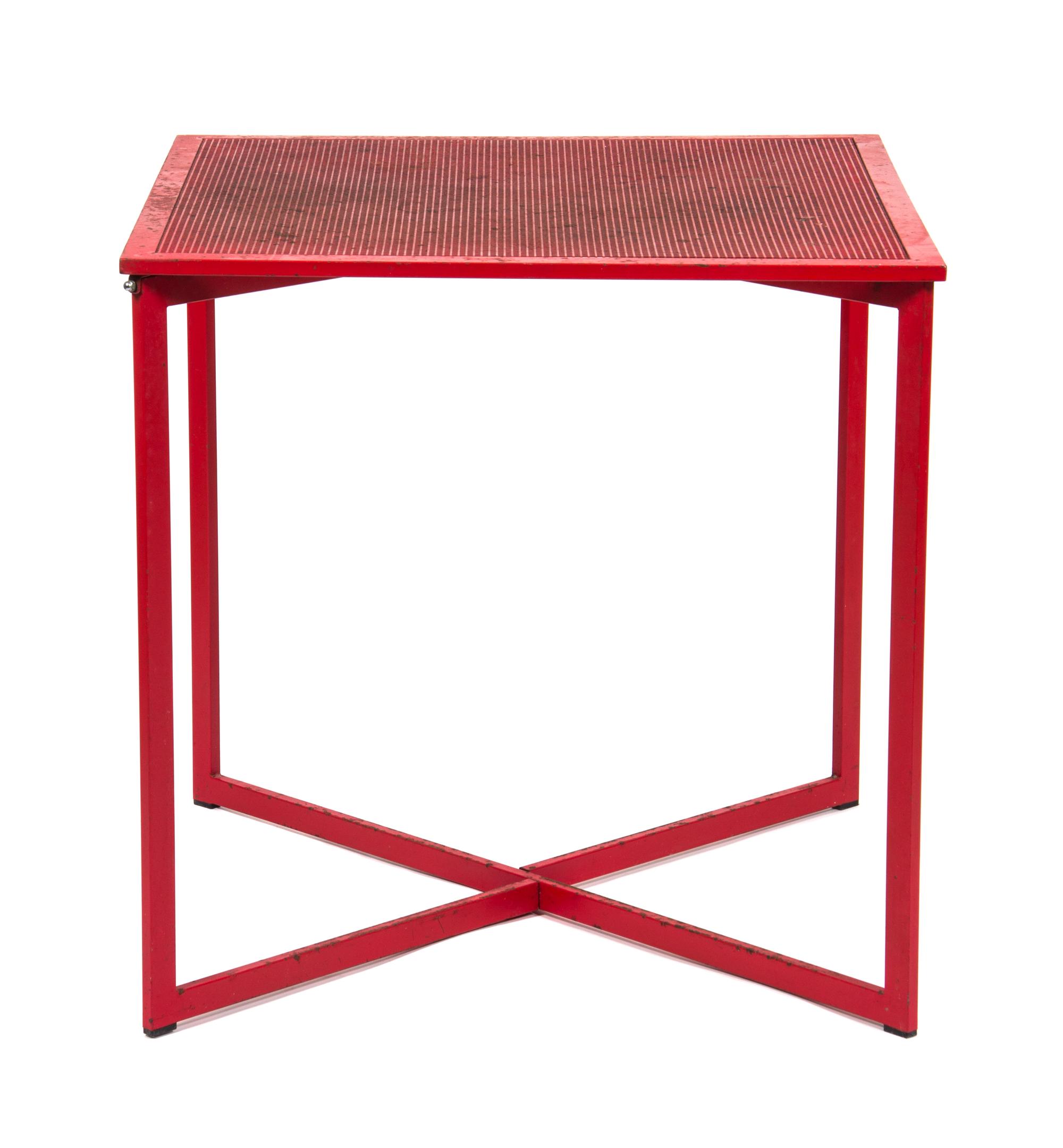 A Red Painted Metal Card Table with Four Folding Chairs height of table 29 1/4 x width 29 1/4 x depth 29 1/4 inches. — MID 20TH CENTURY