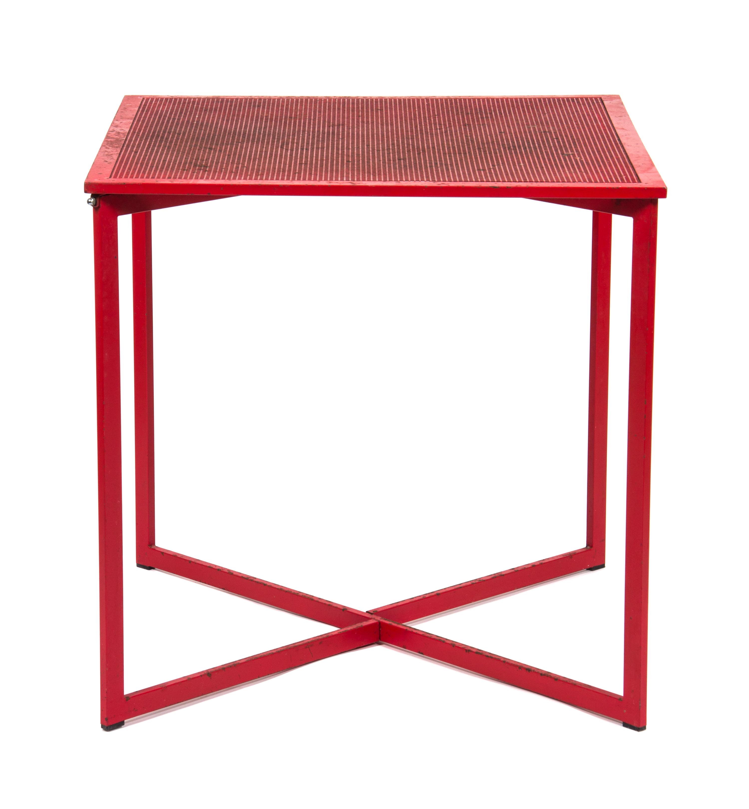A Red Painted Metal Card Table with Four Folding Chairs height of table 29 1/4 x width 29 1/4 x depth 29 1/4 inches. — MID 20TH CENTURY