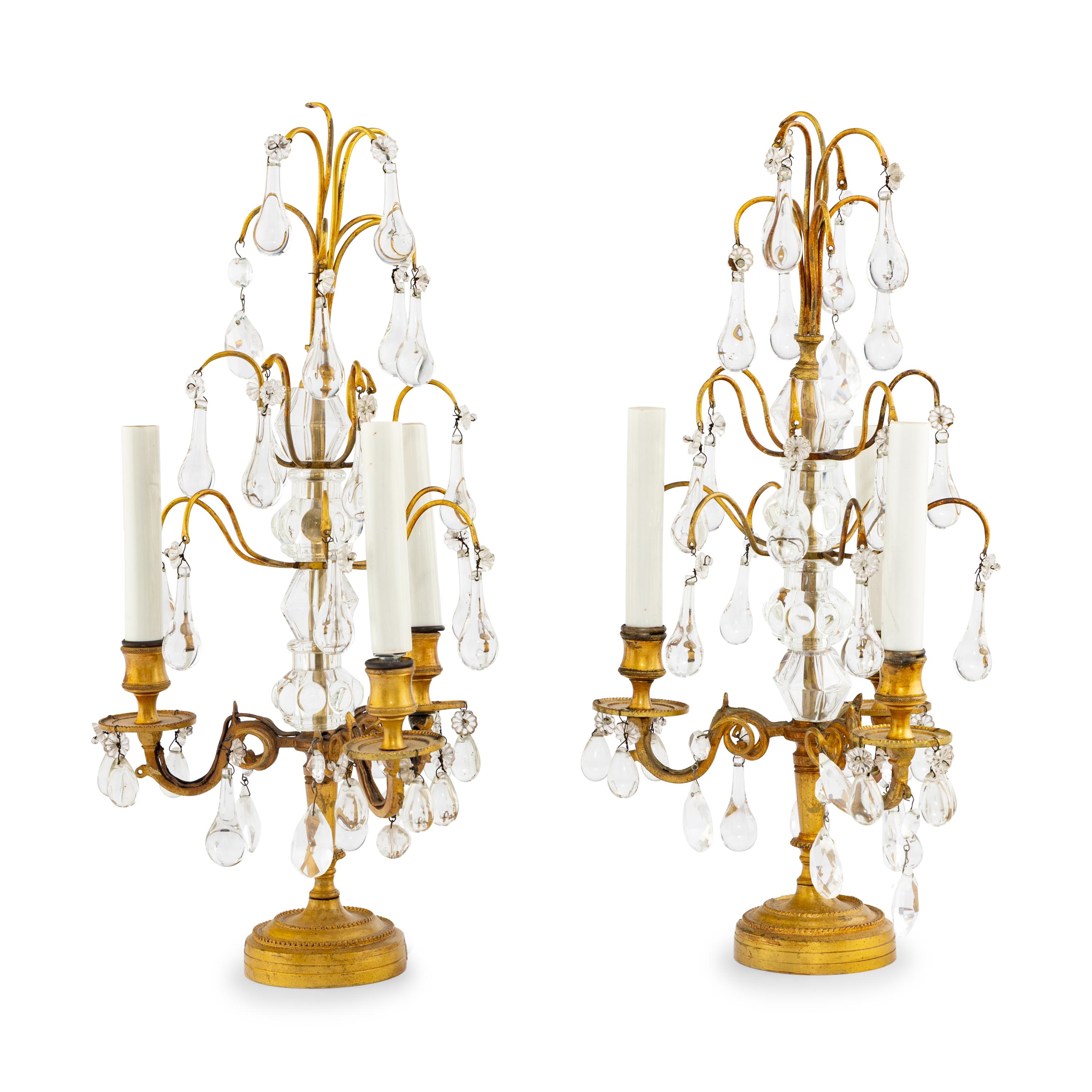 A Pair of French Gilt Metal and Cut-Glass Girandoles
