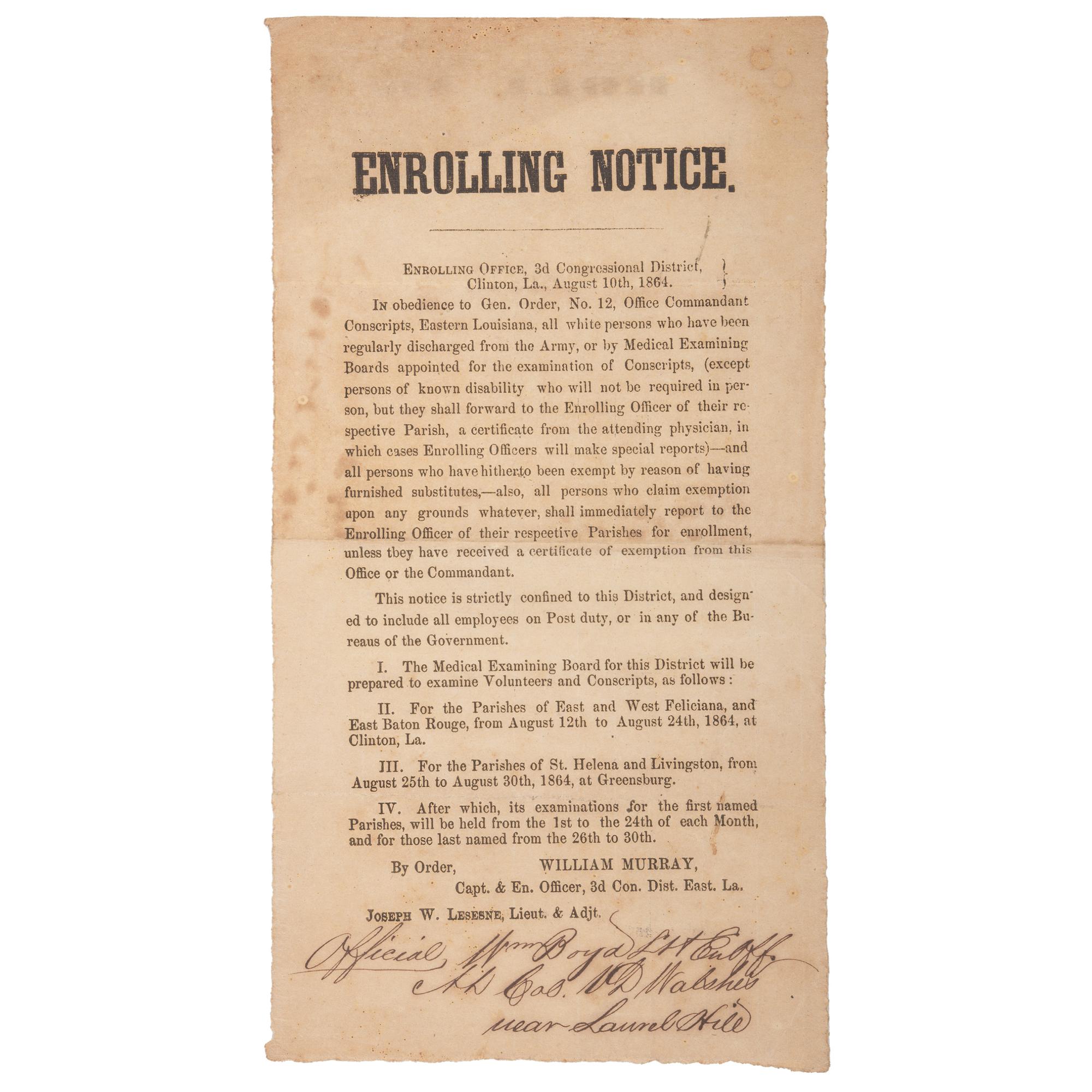Confederate Enrolling Notice Broadside from Clinton, Louisiana, 1864