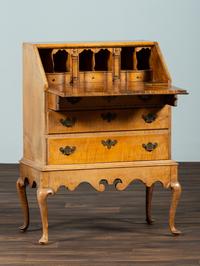 A Diminutive Queen Anne Style Tiger Maple Desk on Stand
