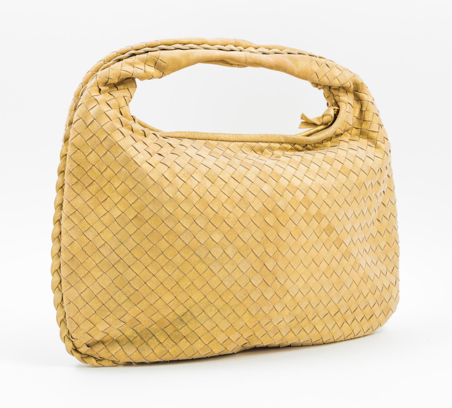 A Bottega Gold Shimmer Intrecciato Medium Hobo Bag, 16" x 10" x 1"; Strap Drop: 6".