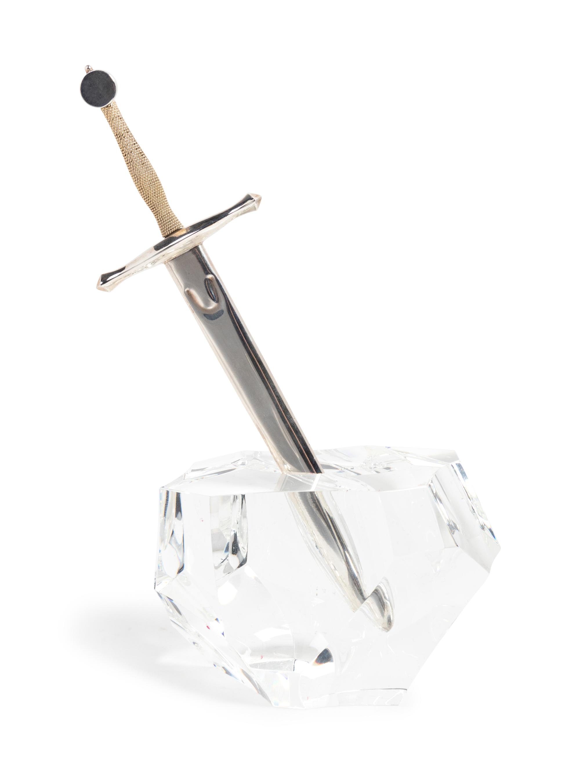 A Steuben Excalibur Silver and 18-Karat Gold Sword and Cut Glass Paperweight