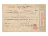 [BOOTH, John Wilkes (1838-1865)]. Partly printed Boston Water Power Company stock certificate issued to and signed ("J. Wilkes Booth"), Boston, 30 May 1864.
