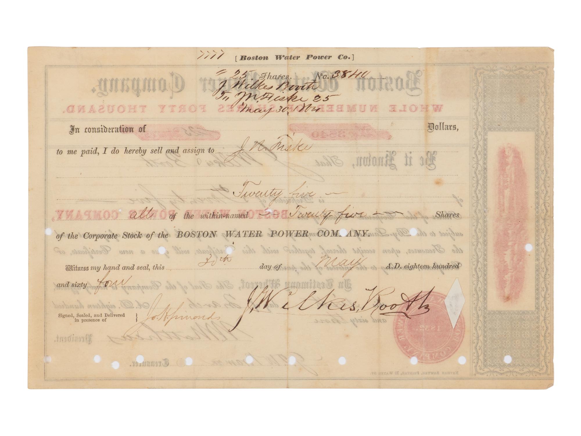 [BOOTH, John Wilkes (1838-1865)]. Partly printed Boston Water Power Company stock certificate issued to and signed ("J. Wilkes Booth"), Boston, 30 May 1864.