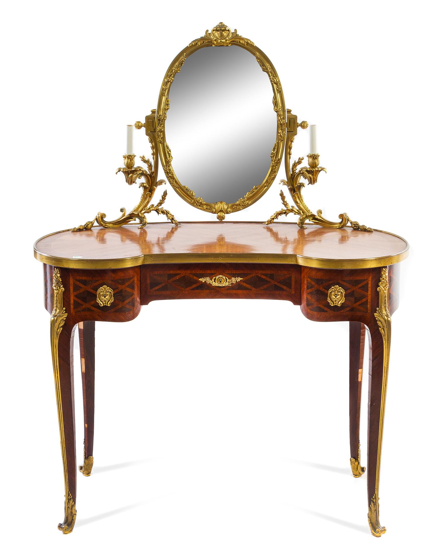 A Louis XV Style Gilt Bronze Mounted Parquetry Dressing Table and Mirror Height overall 54 x width 41 1/2 x depth 22 inches. — CHARLES BERNEL, PARIS, CIRCA 1900