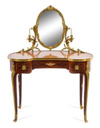 A Louis XV Style Gilt Bronze Mounted Parquetry Dressing Table and Mirror Height overall 54 x width 41 1/2 x depth 22 inches. — CHARLES BERNEL, PARIS, CIRCA 1900