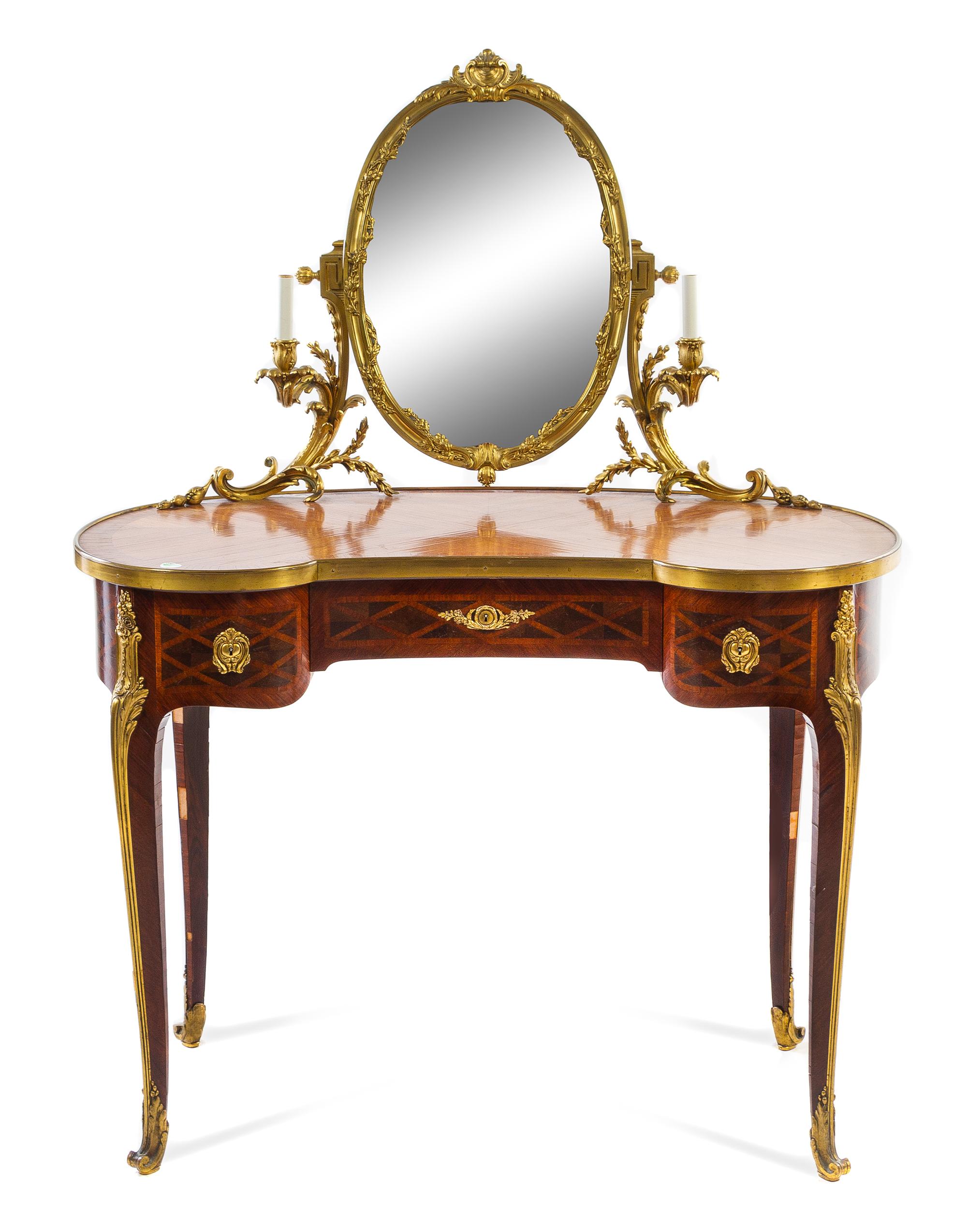 A Louis XV Style Gilt Bronze Mounted Parquetry Dressing Table and Mirror Height overall 54 x width 41 1/2 x depth 22 inches. — CHARLES BERNEL, PARIS, CIRCA 1900