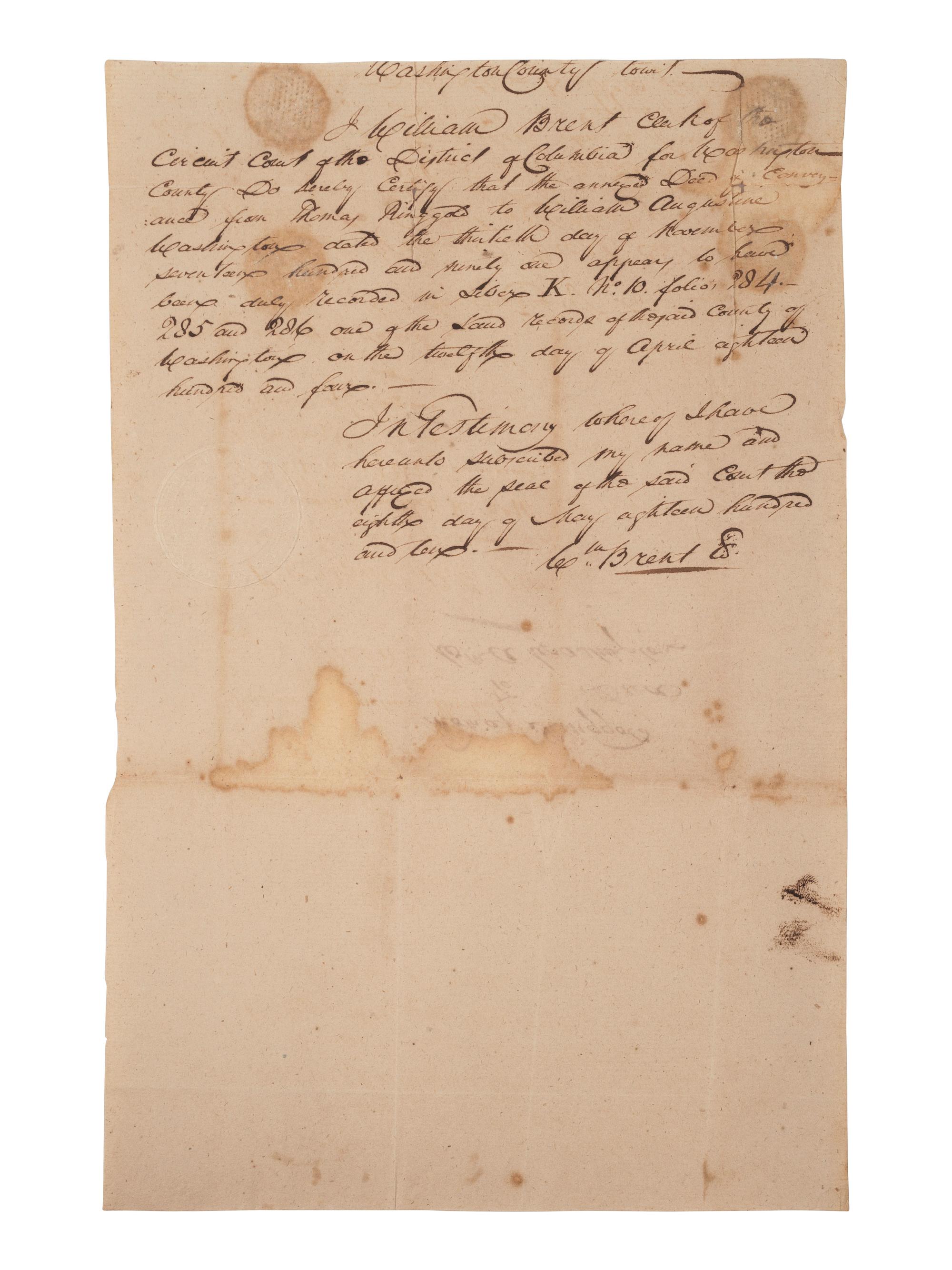 [WASHINGTON, DC]. Indenture of Lands Pertaining to the Formation of the City of Washington, DC. 1791-1804.