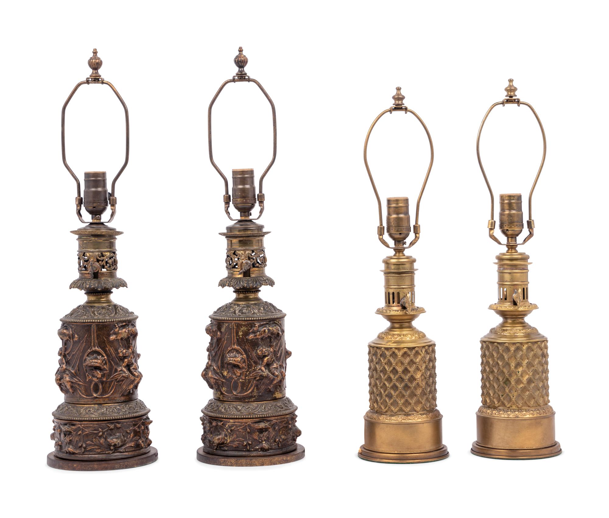 Two Pairs of French Gilt Metal Fluid Lamps Converted to Electricity