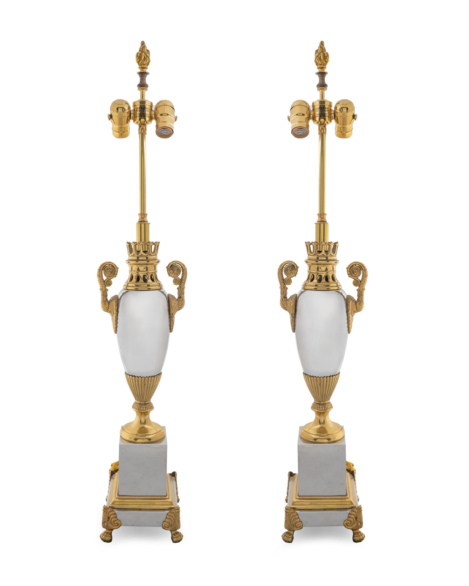 A Pair of Neoclassical Style Polished Steel and Gilt Metal Table Lamps — 20TH CENTURY