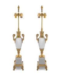 A Pair of Neoclassical Style Polished Steel and Gilt Metal Table Lamps — 20TH CENTURY