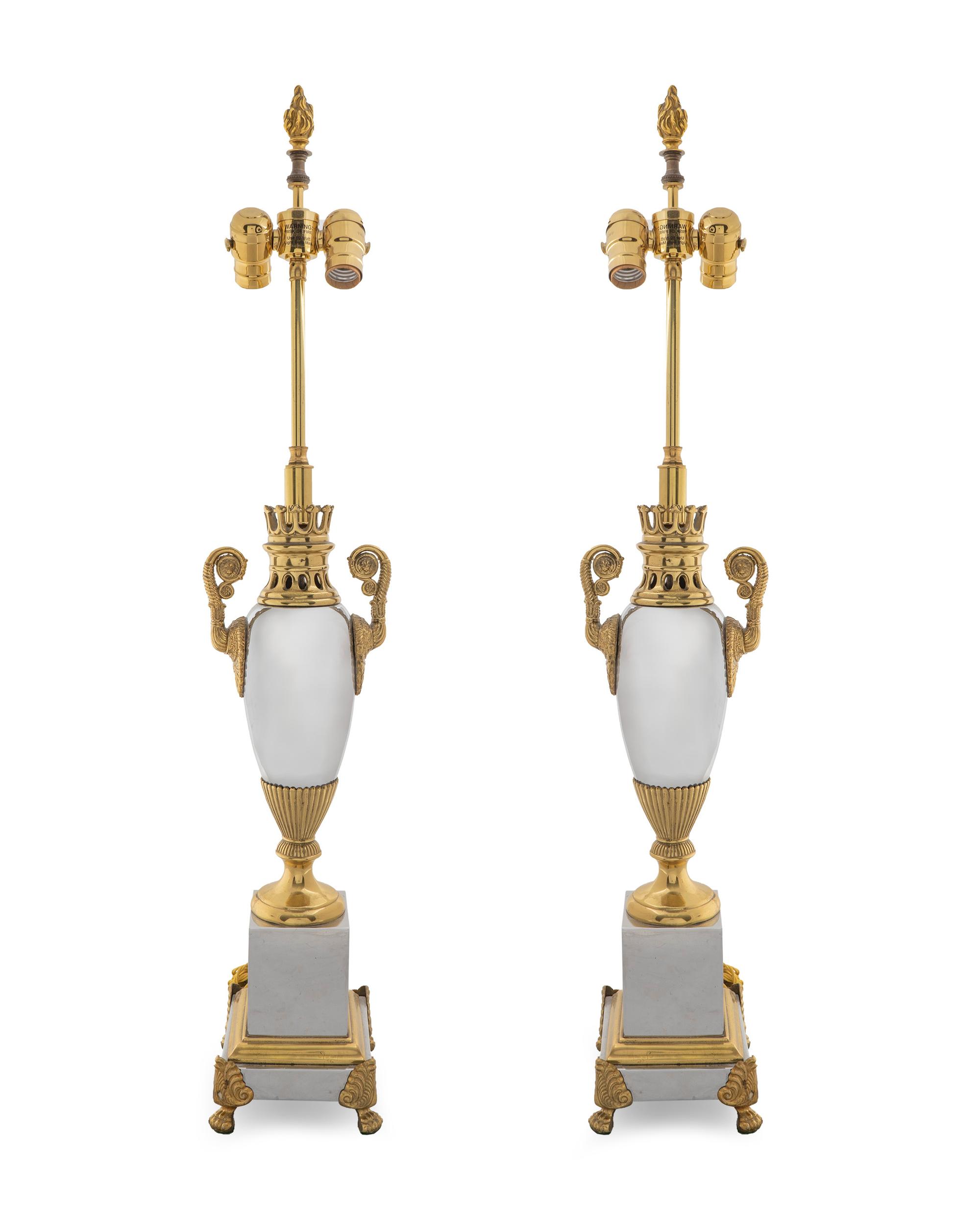 A Pair of Neoclassical Style Polished Steel and Gilt Metal Table Lamps — 20TH CENTURY