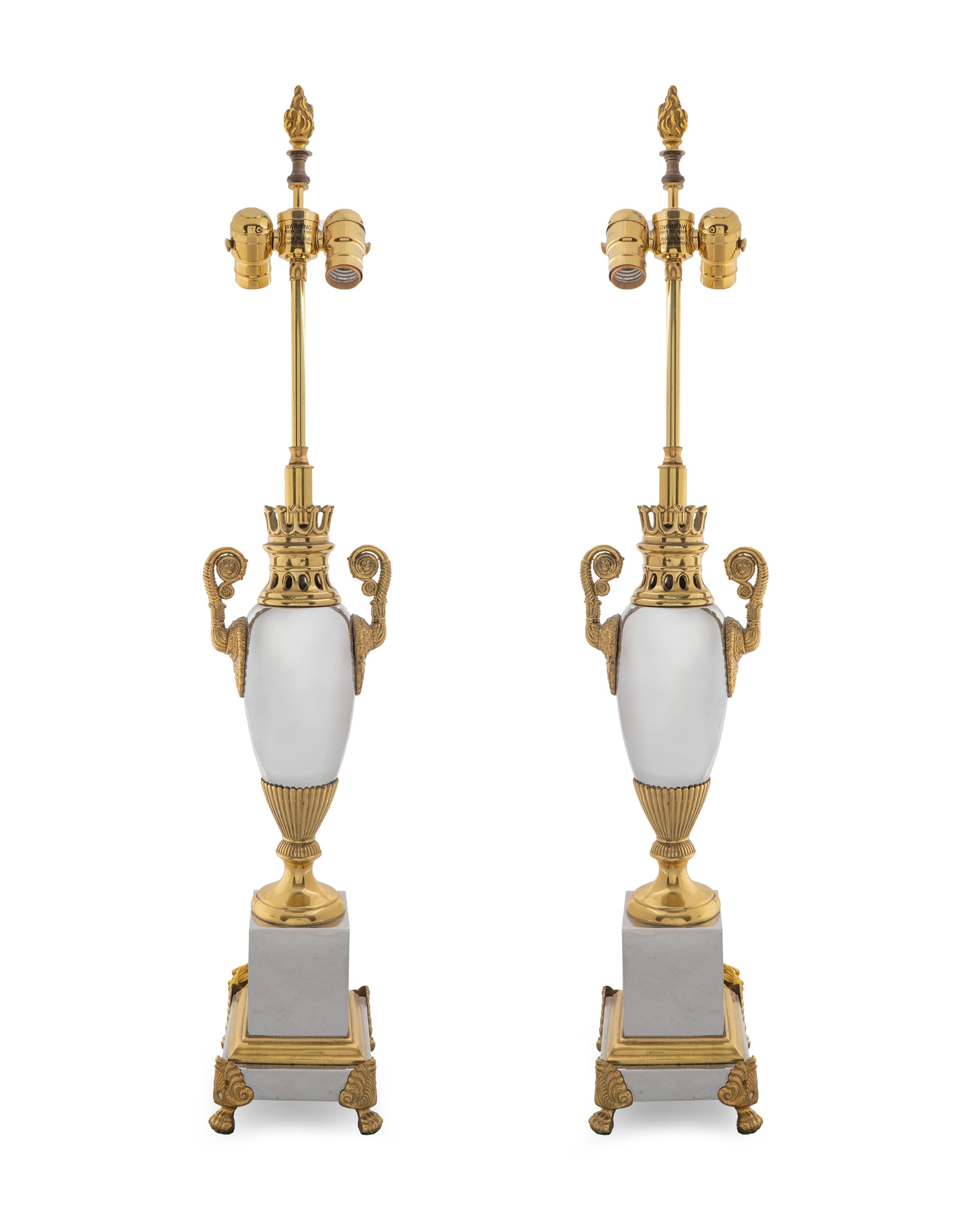 A Pair of Neoclassical Style Polished Steel and Gilt Metal Table Lamps — 20TH CENTURY
