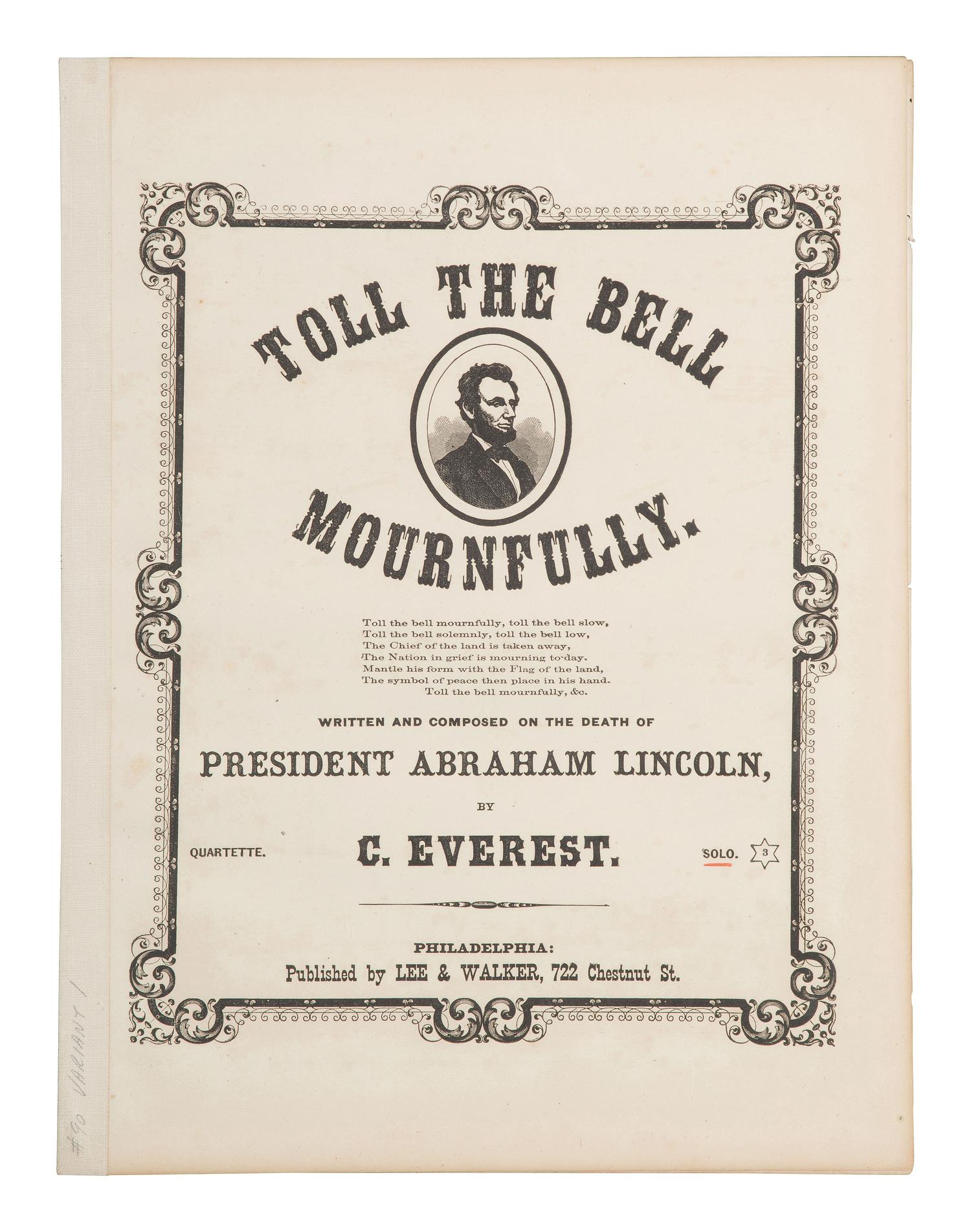 [LINCOLNIANA] "Toll the Bell Mournfully." Philadelphia: Lee and Walker, [1865]. Memorial sheet music