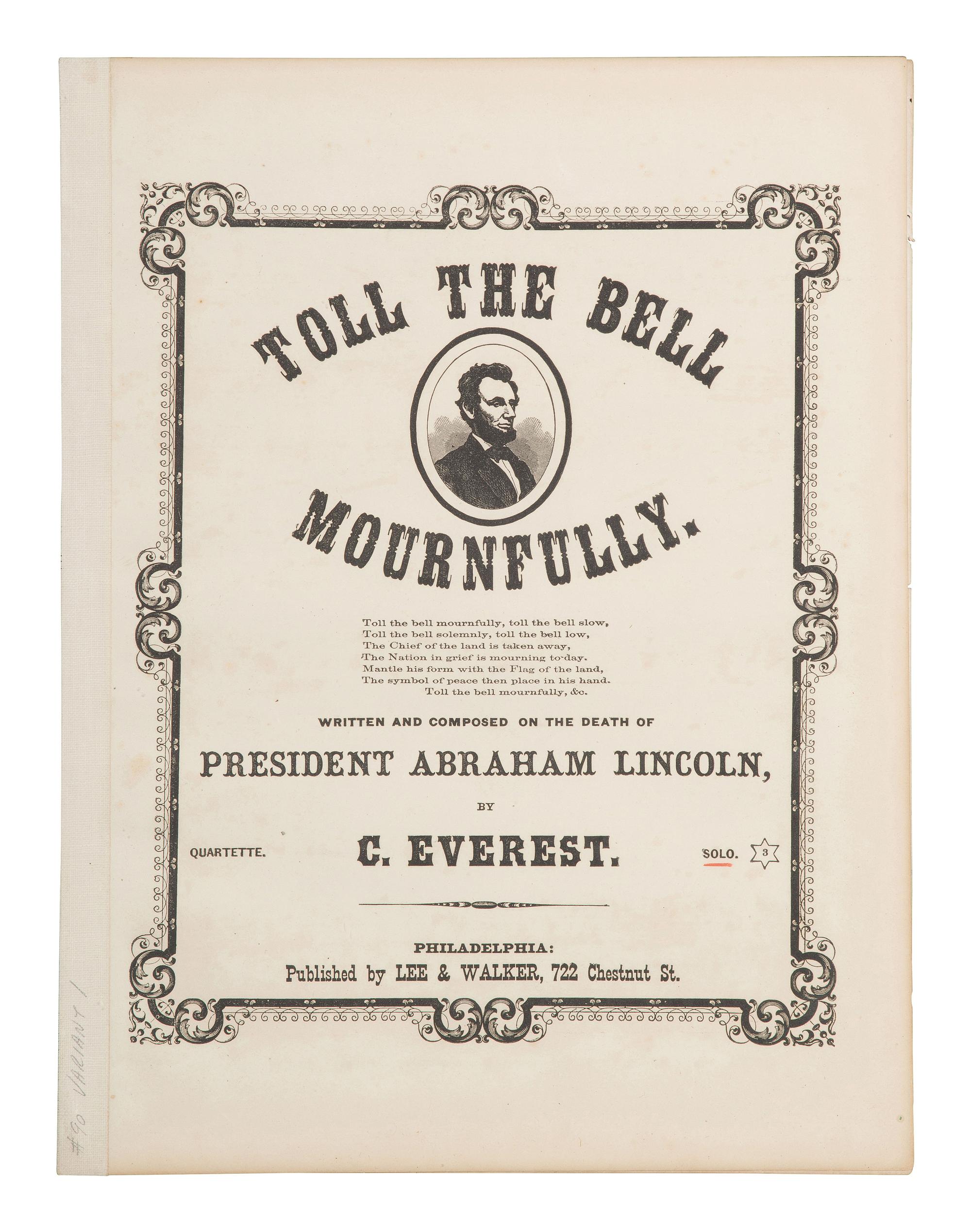 [LINCOLNIANA] "Toll the Bell Mournfully." Philadelphia: Lee and Walker, [1865]. Memorial sheet music