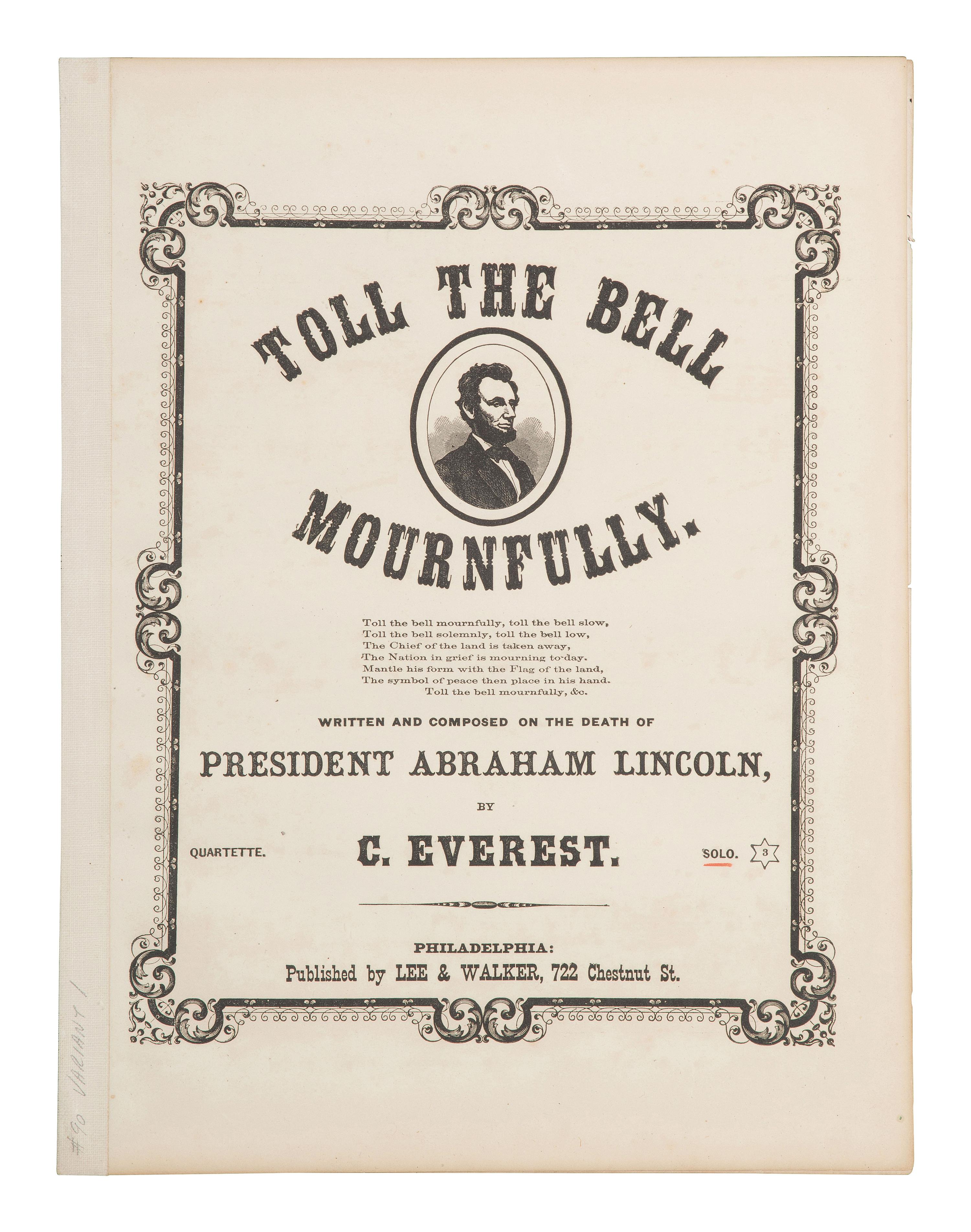 [LINCOLNIANA] "Toll the Bell Mournfully." Philadelphia: Lee and Walker, [1865]. Memorial sheet music