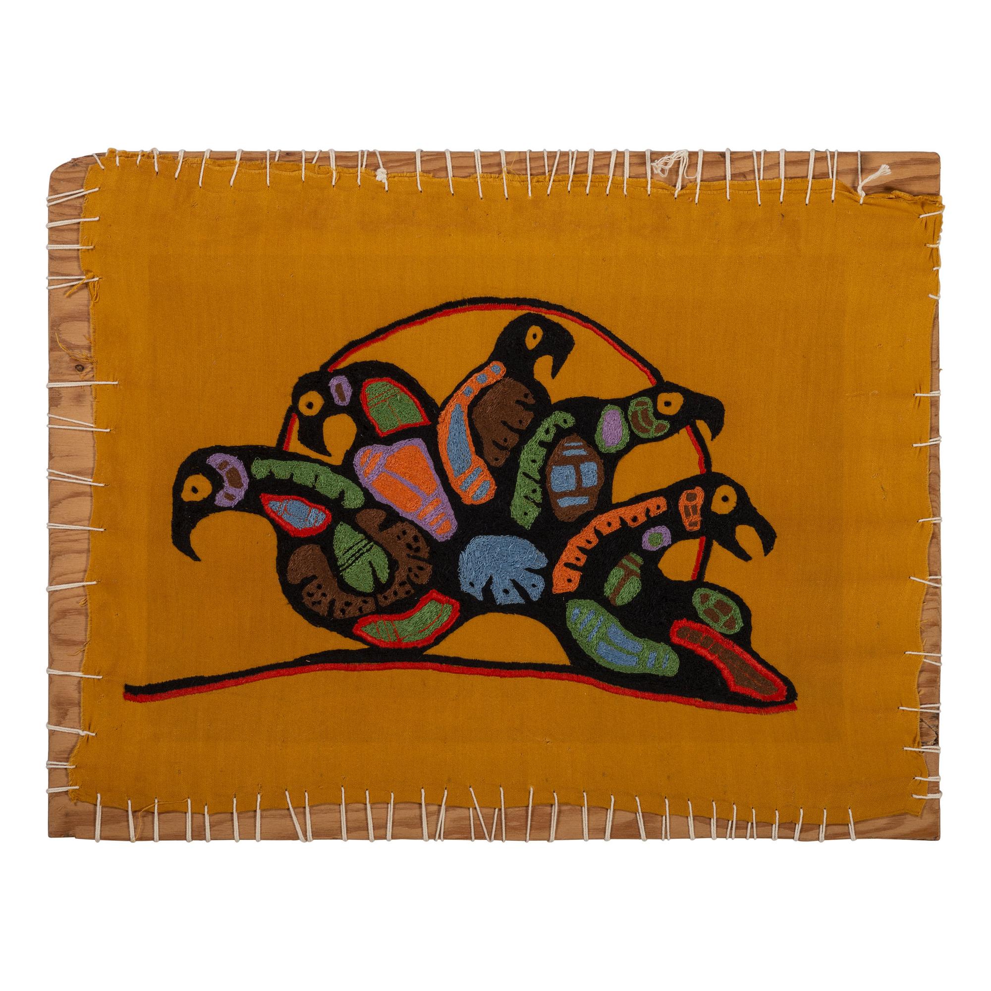 Woodland-Style Embroidered Textile of Loons, Backed on Wood