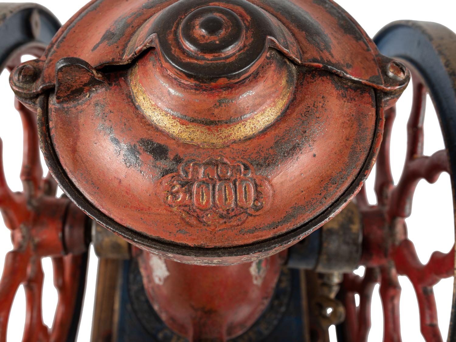 A Charles Parker No. 3000 Painted and Parcel Gilt Double-Wheeled Cast Iron Coffee Mill