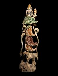 A Chinese Polychrome Painted Wood Guanyin