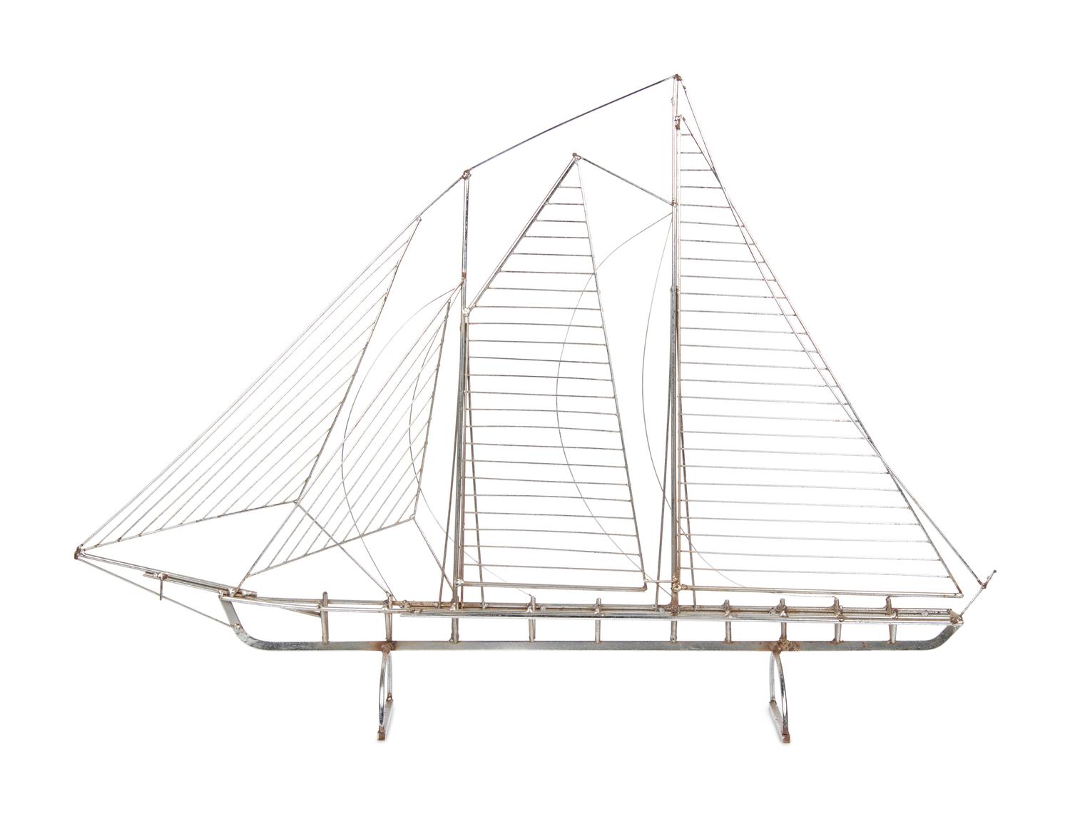 A Chromed Metal Wirework Sculpture of a Sailboat