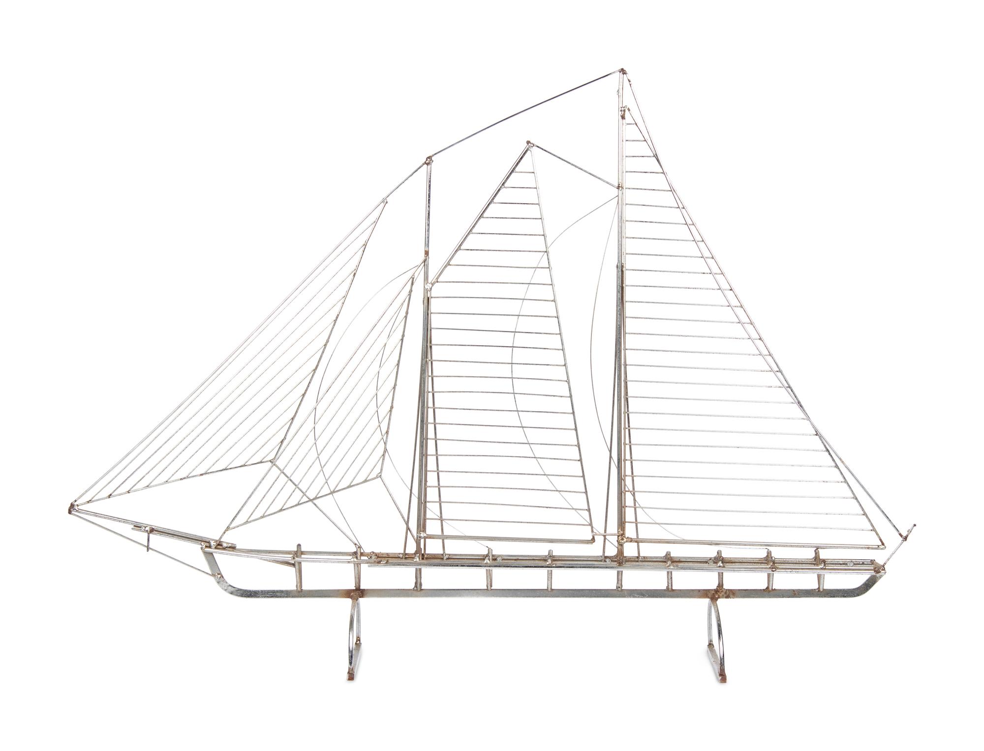 A Chromed Metal Wirework Sculpture of a Sailboat