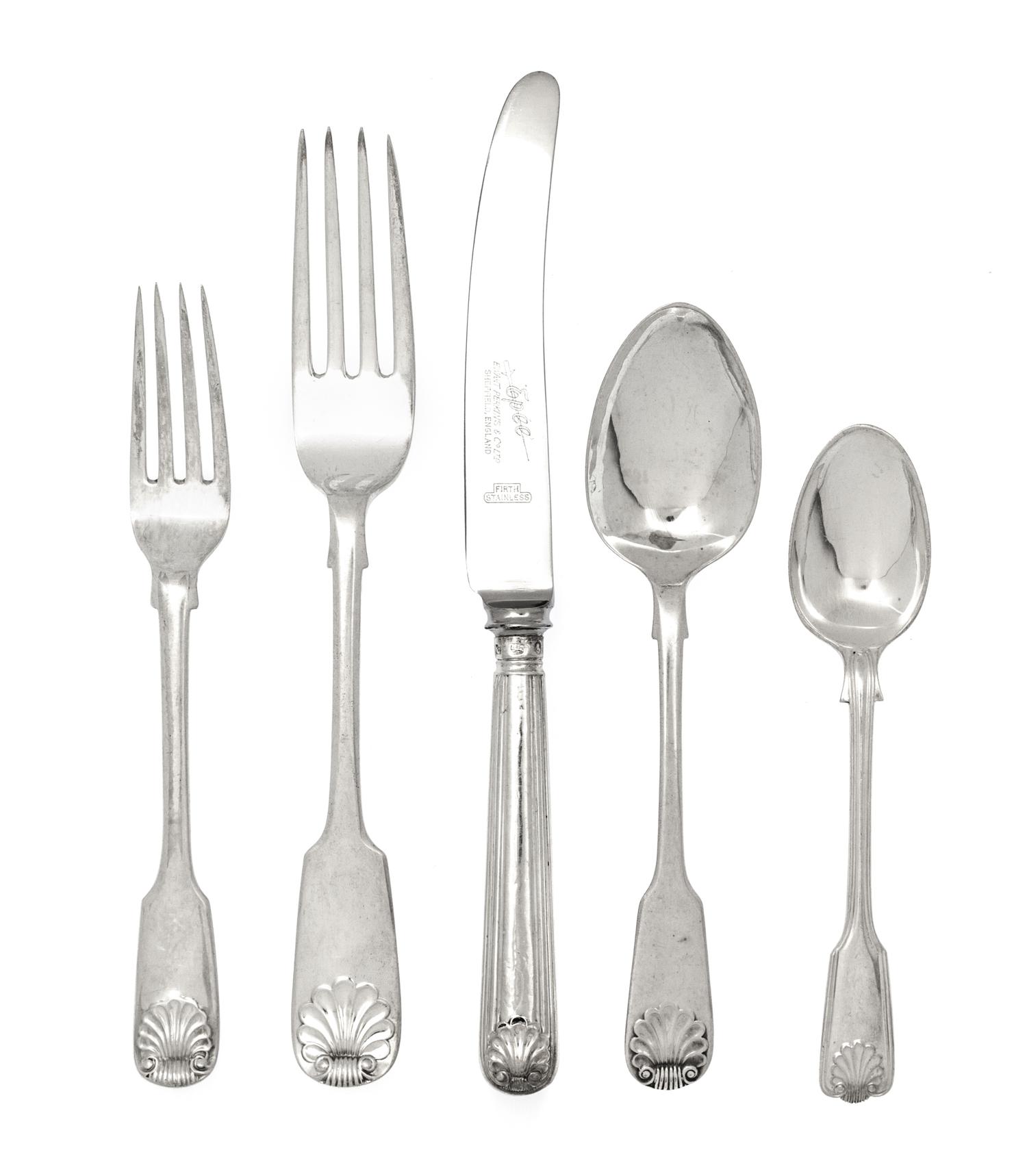 An Assembled English and Scottish Silver Flatware Service, 20th Century, Shell pattern, comprising 12 dinner forks, James Howden & Co.,