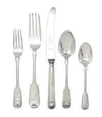 An Assembled English and Scottish Silver Flatware Service, 20th Century, Shell pattern, comprising 12 dinner forks, James Howden & Co.,