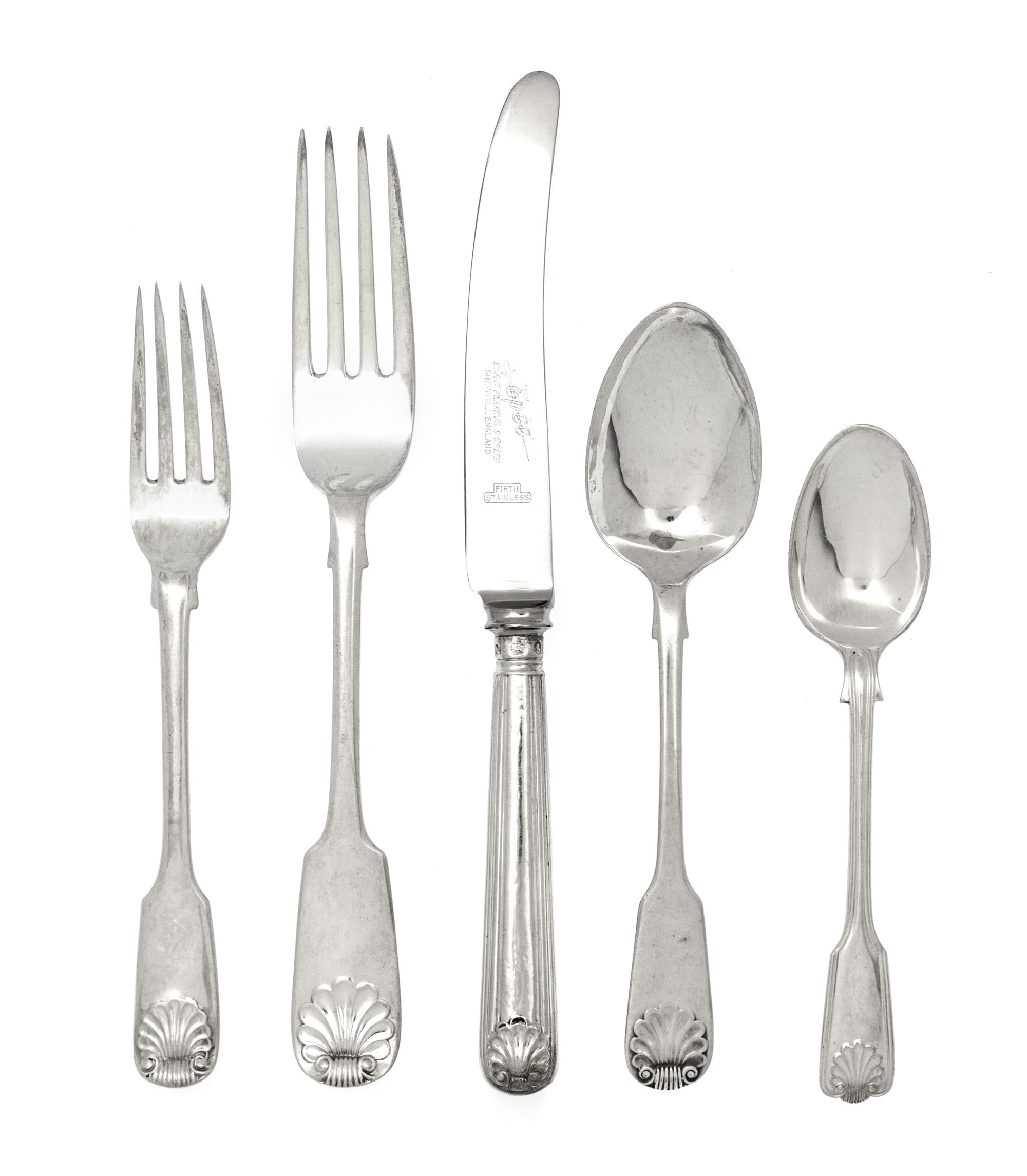 An Assembled English and Scottish Silver Flatware Service, 20th Century, Shell pattern, comprising 12 dinner forks, James Howden & Co.,