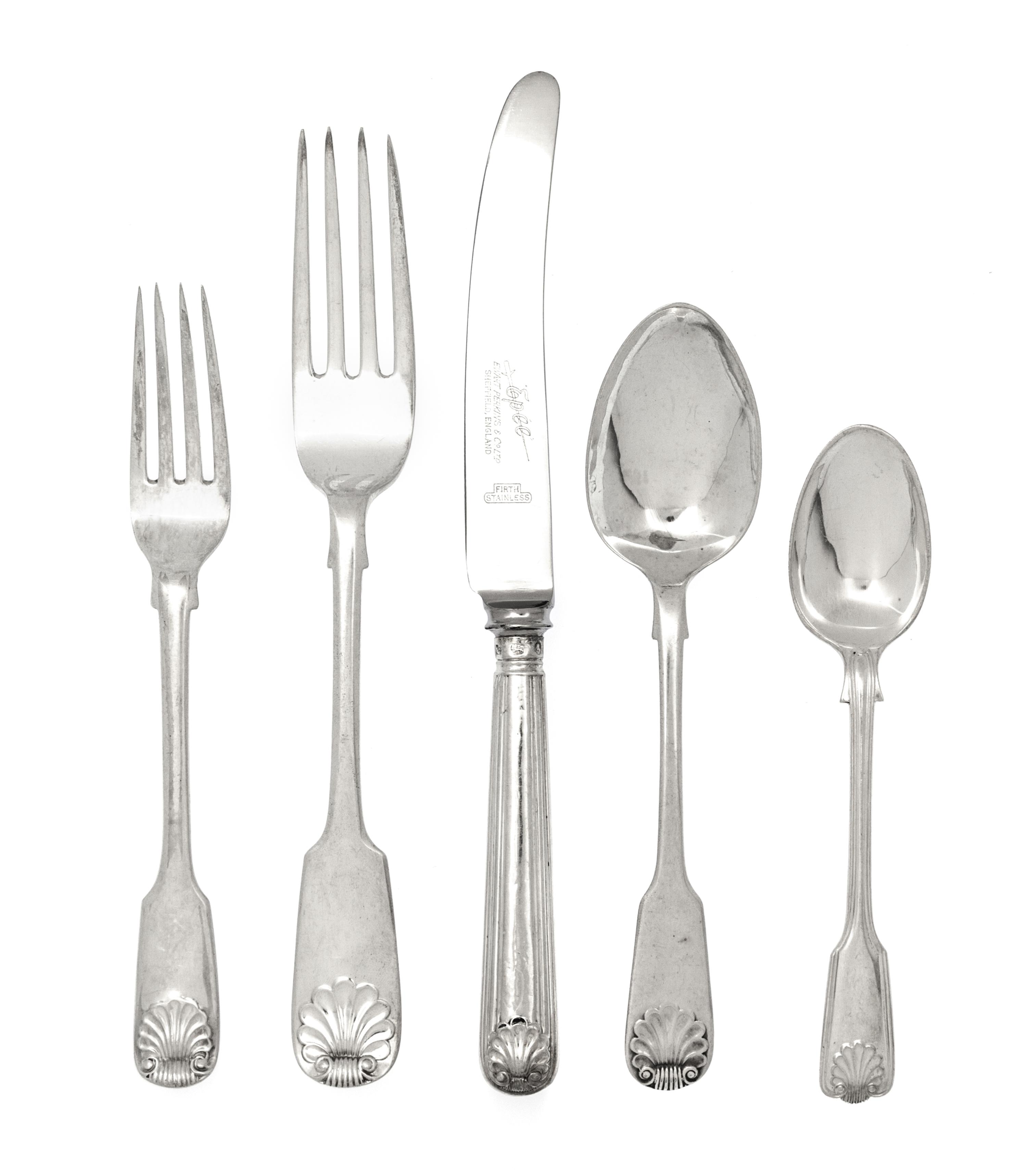 An Assembled English and Scottish Silver Flatware Service, 20th Century, Shell pattern, comprising 12 dinner forks, James Howden & Co.,