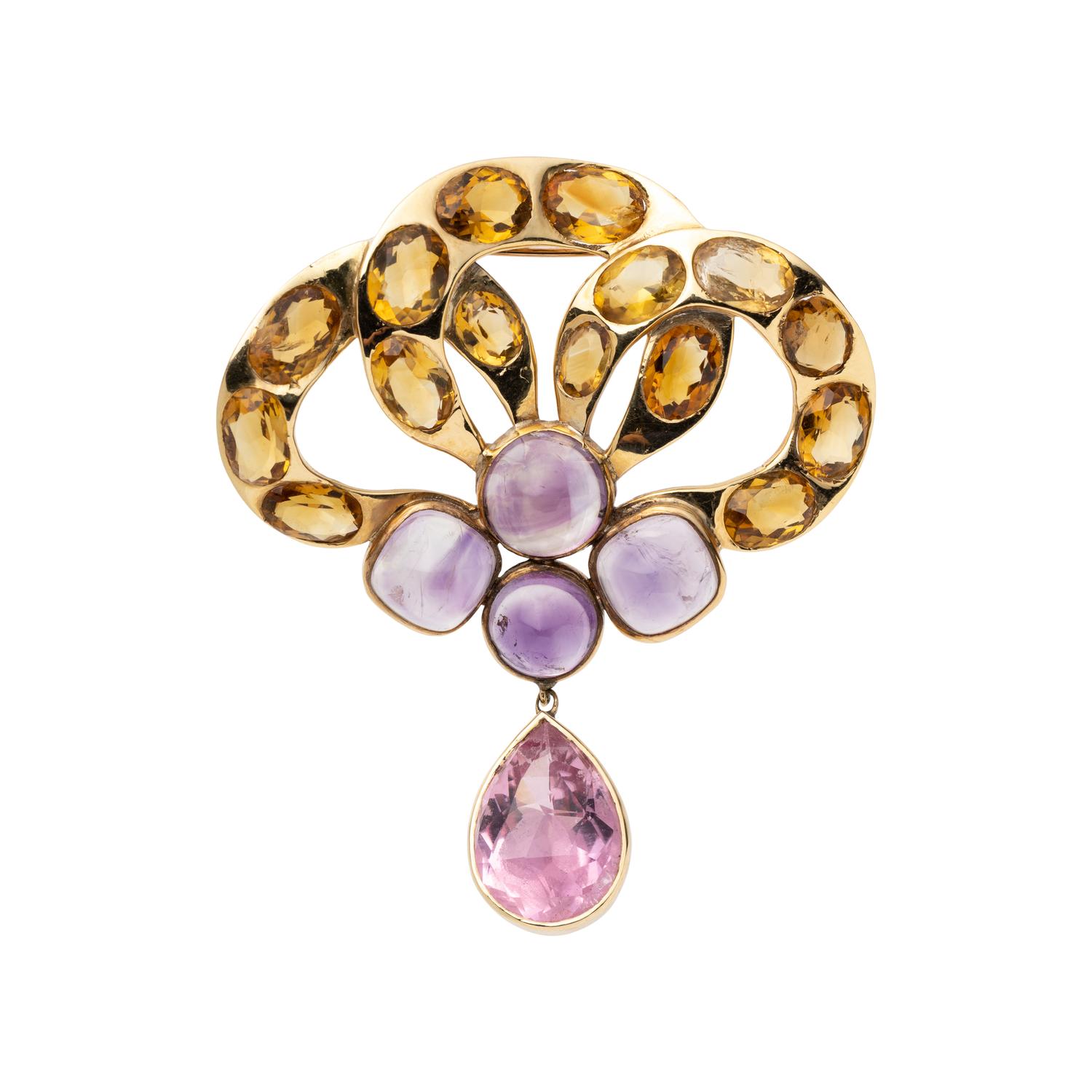 YELLOW GOLD AND MULTIGEM PENDANT/BROOCH