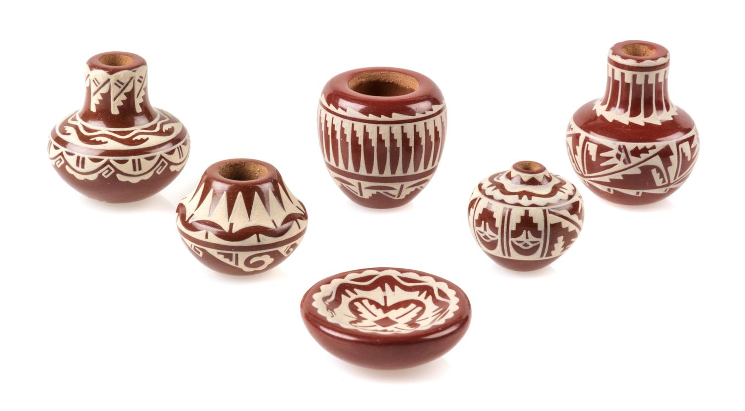 Six Santa Clara Redware Pottery Articles Height of tallest 1 inch. — Dolores Curran (b. 1954)