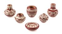 Six Santa Clara Redware Pottery Articles Height of tallest 1 inch. — Dolores Curran (b. 1954)