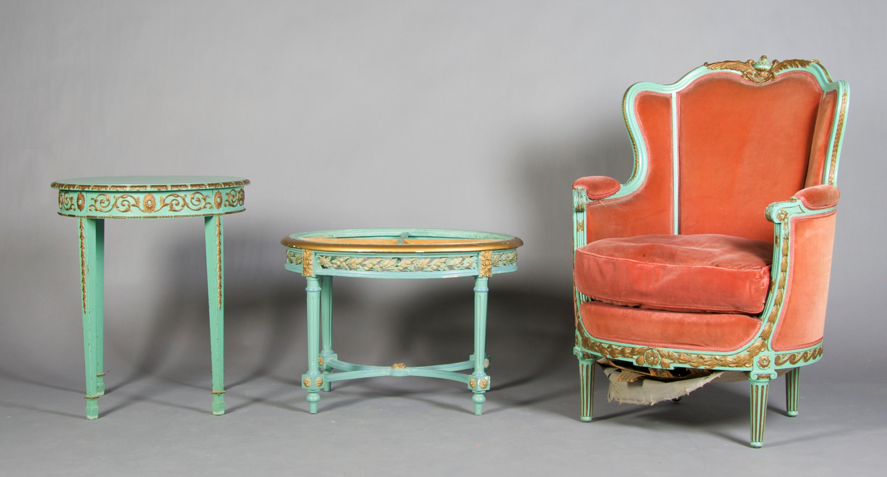 A Louis XVI Style Painted Bergere, Height of first 42 3/4 inches.