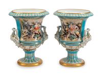 A Large Pair of Continental Porcelain Two-Handled Campana-Form Urns