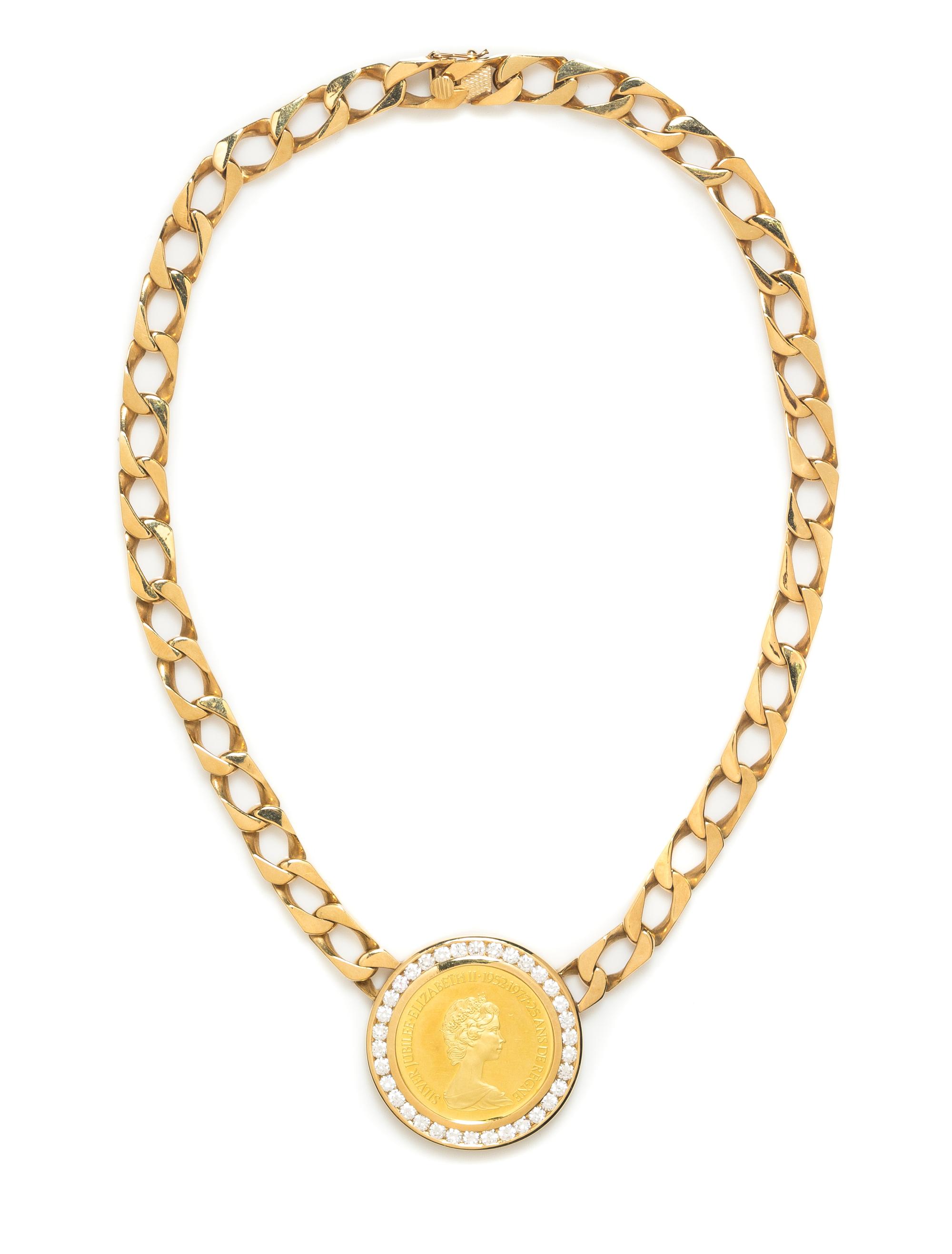 An 18 Karat Yellow Gold, Canada $100 1977 Coin and Diamond Necklace, 64.80 dwts.