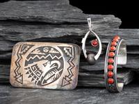 Navajo Silver and Coral Cuff Bracelet and Pendant, PLUS
