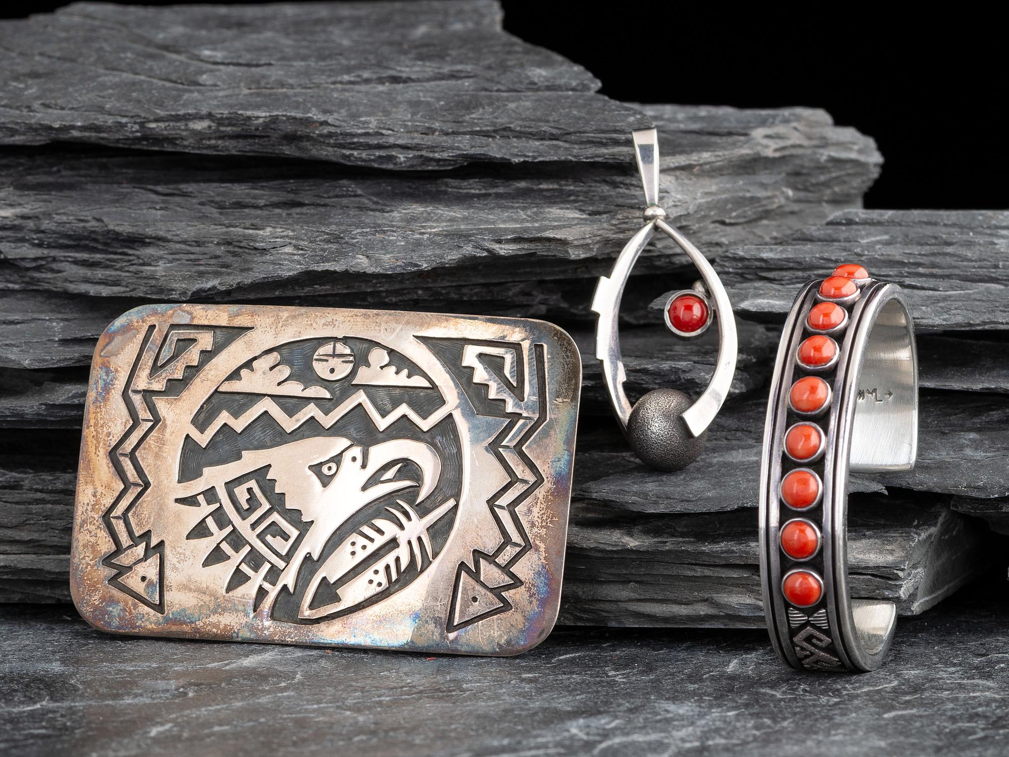 Navajo Silver and Coral Cuff Bracelet and Pendant, PLUS