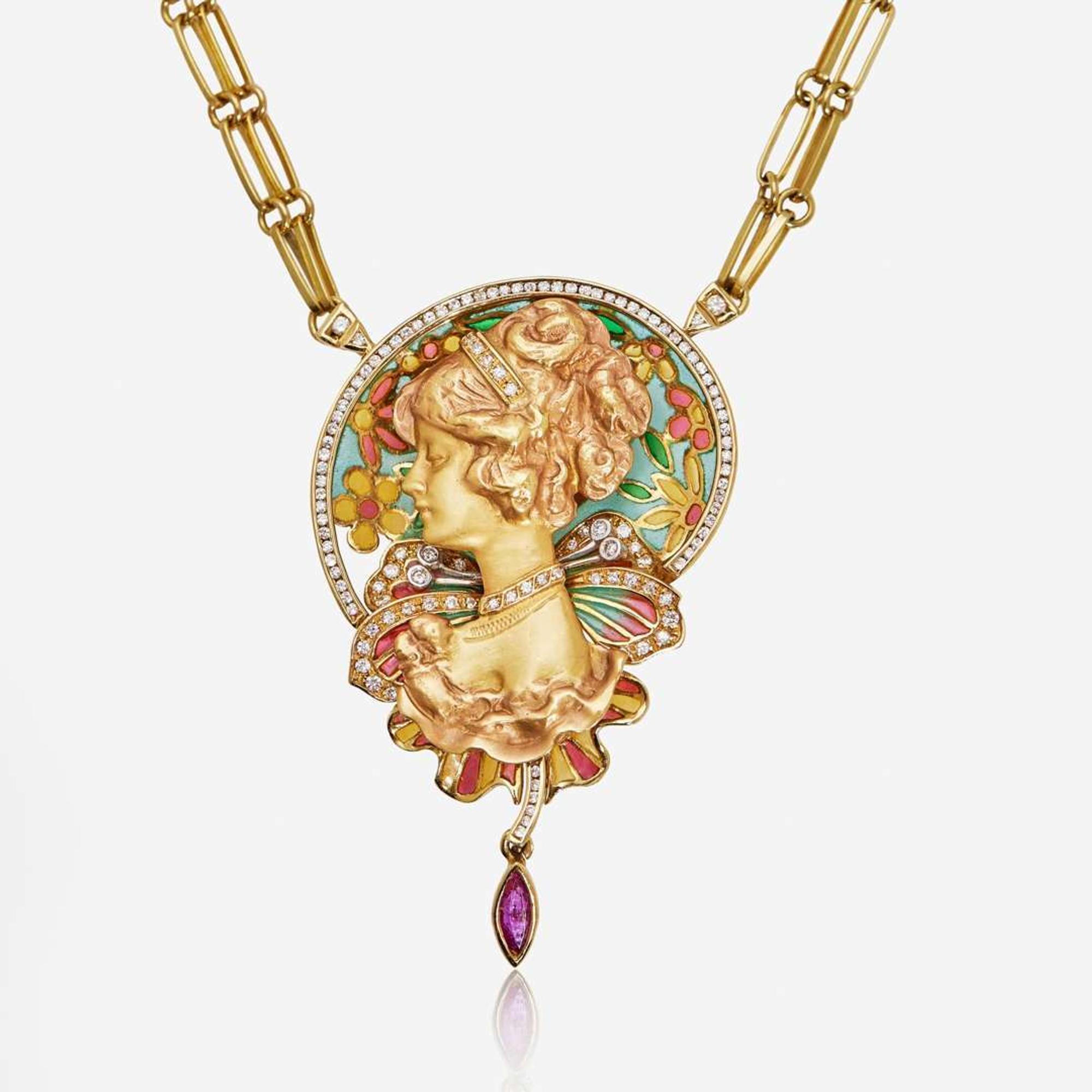 An 18K Yellow Gold Art Nouveau Plique-à-Jour Enamel Necklace