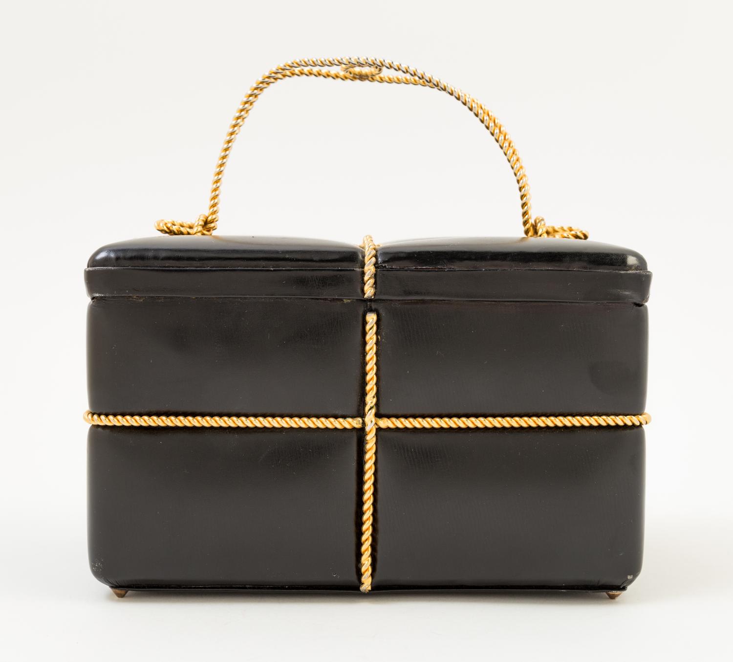 A Judith Leiber Black Leather Gift Box Handbag, 7.5" x 4.5" x 4.5"; Handle drop: 3".