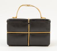 A Judith Leiber Black Leather Gift Box Handbag, 7.5" x 4.5" x 4.5"; Handle drop: 3".