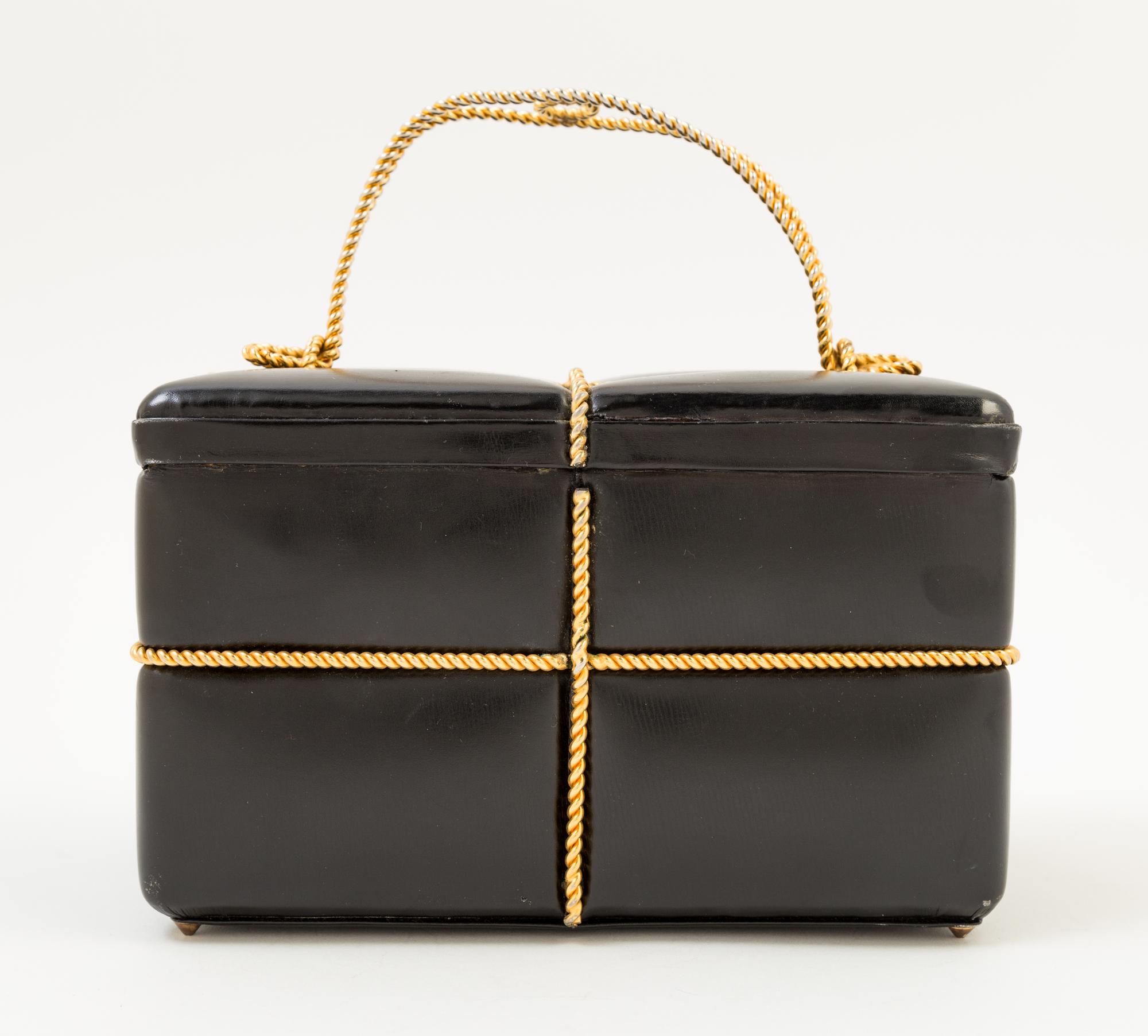 A Judith Leiber Black Leather Gift Box Handbag, 7.5" x 4.5" x 4.5"; Handle drop: 3".