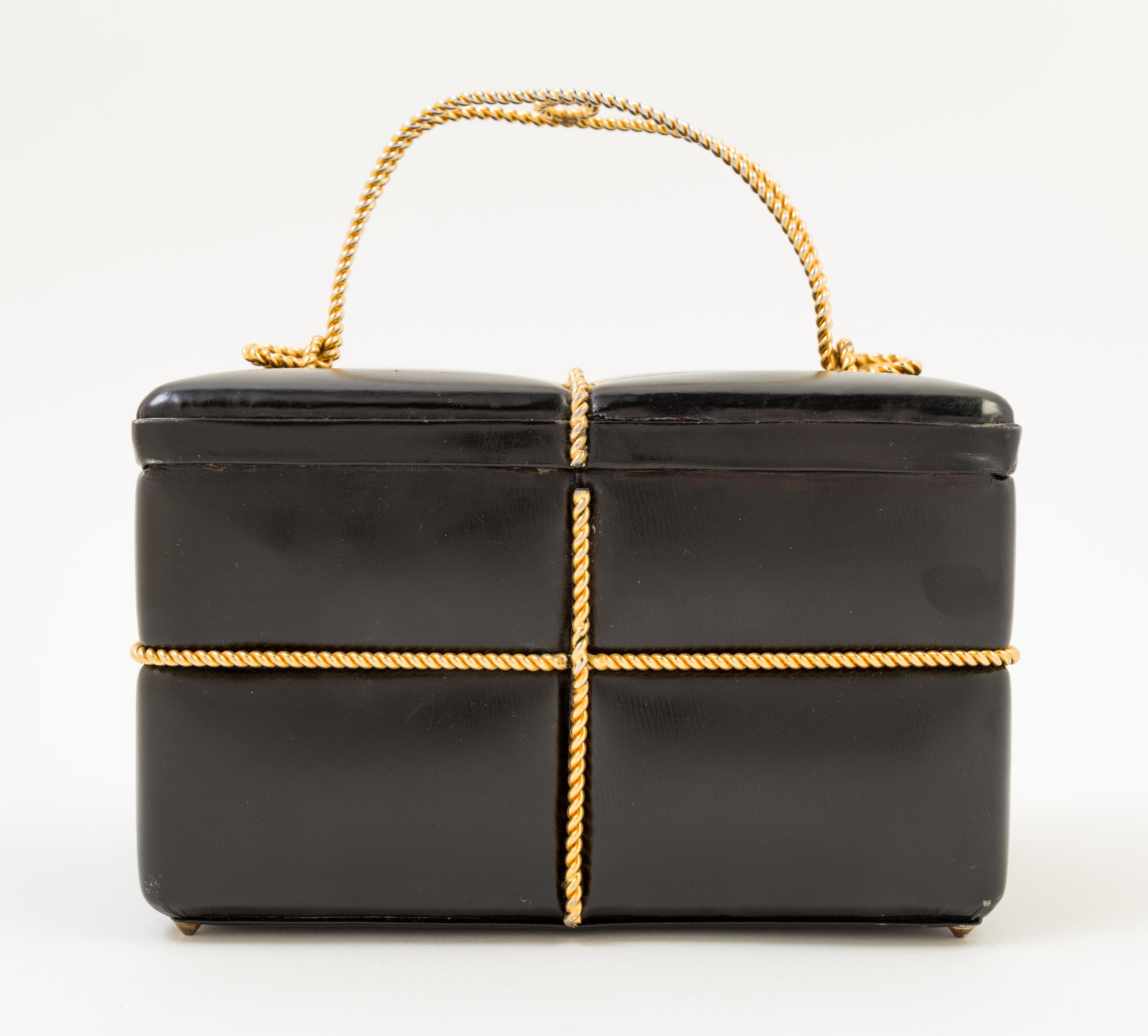 A Judith Leiber Black Leather Gift Box Handbag, 7.5" x 4.5" x 4.5"; Handle drop: 3".