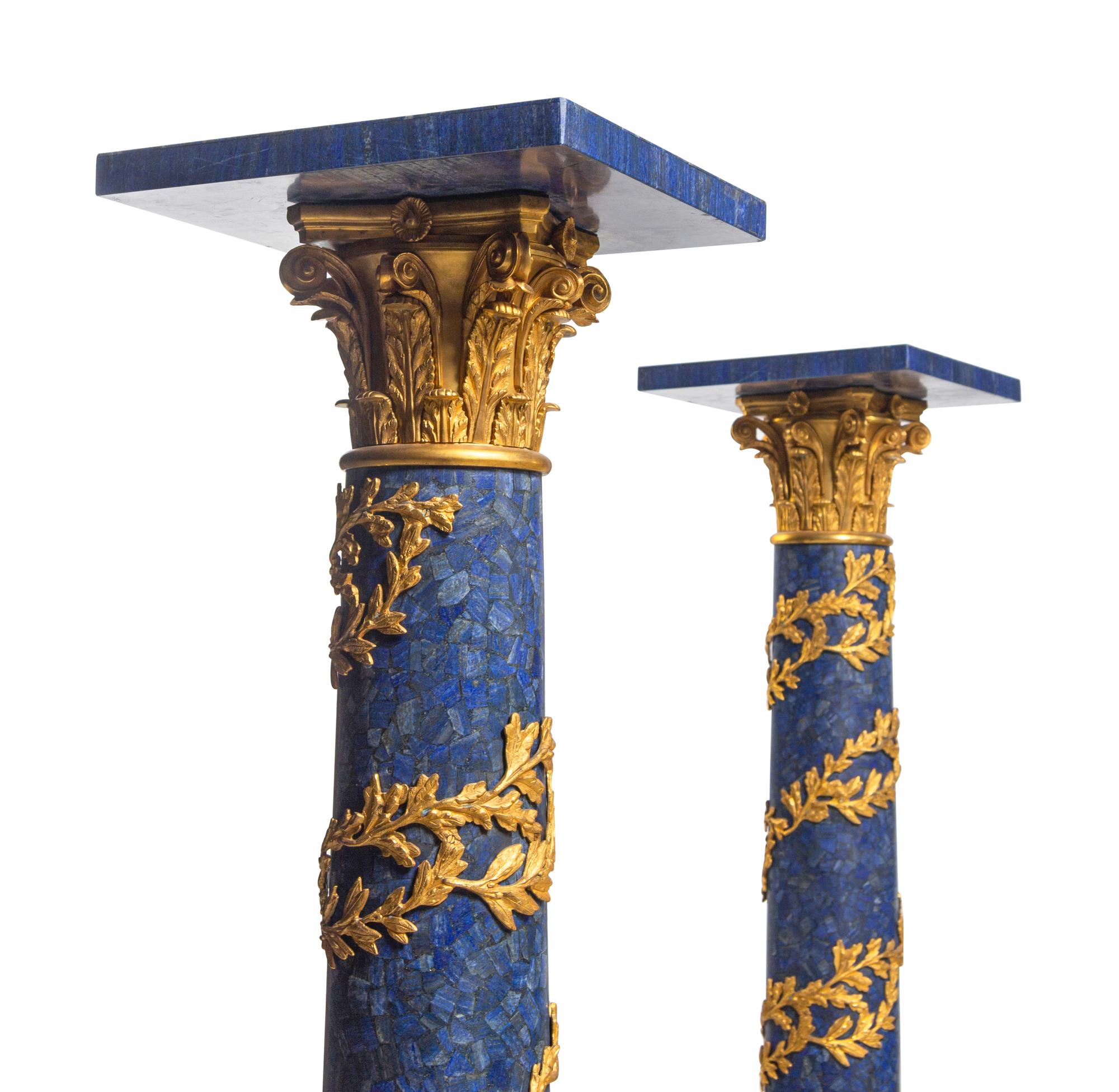 A Pair of Empire Style Gilt Bronze and Lapis Lazuli Pedestals