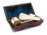 A Pair of French Mother-of-Pearl Veneered Opera Glasses, Lunette, Width 3 5/8 inches.