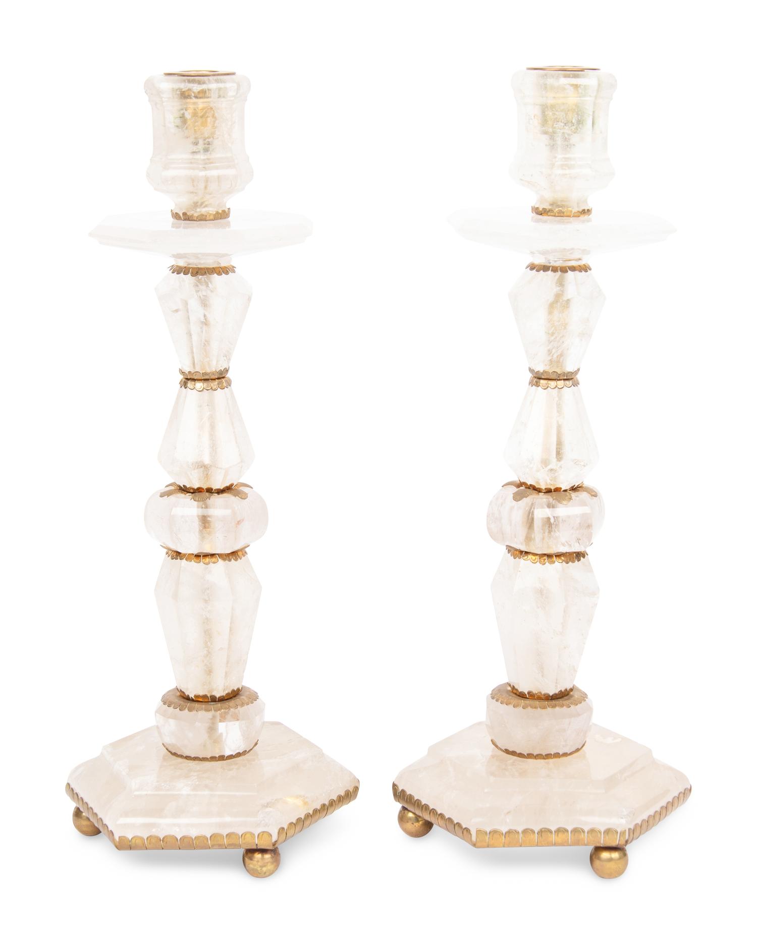 A Pair of Baroque Style Gilt Metal Mounted Rock Crystal Candlesticks