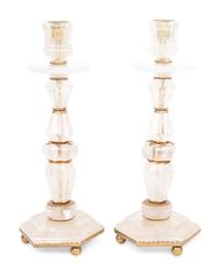 A Pair of Baroque Style Gilt Metal Mounted Rock Crystal Candlesticks