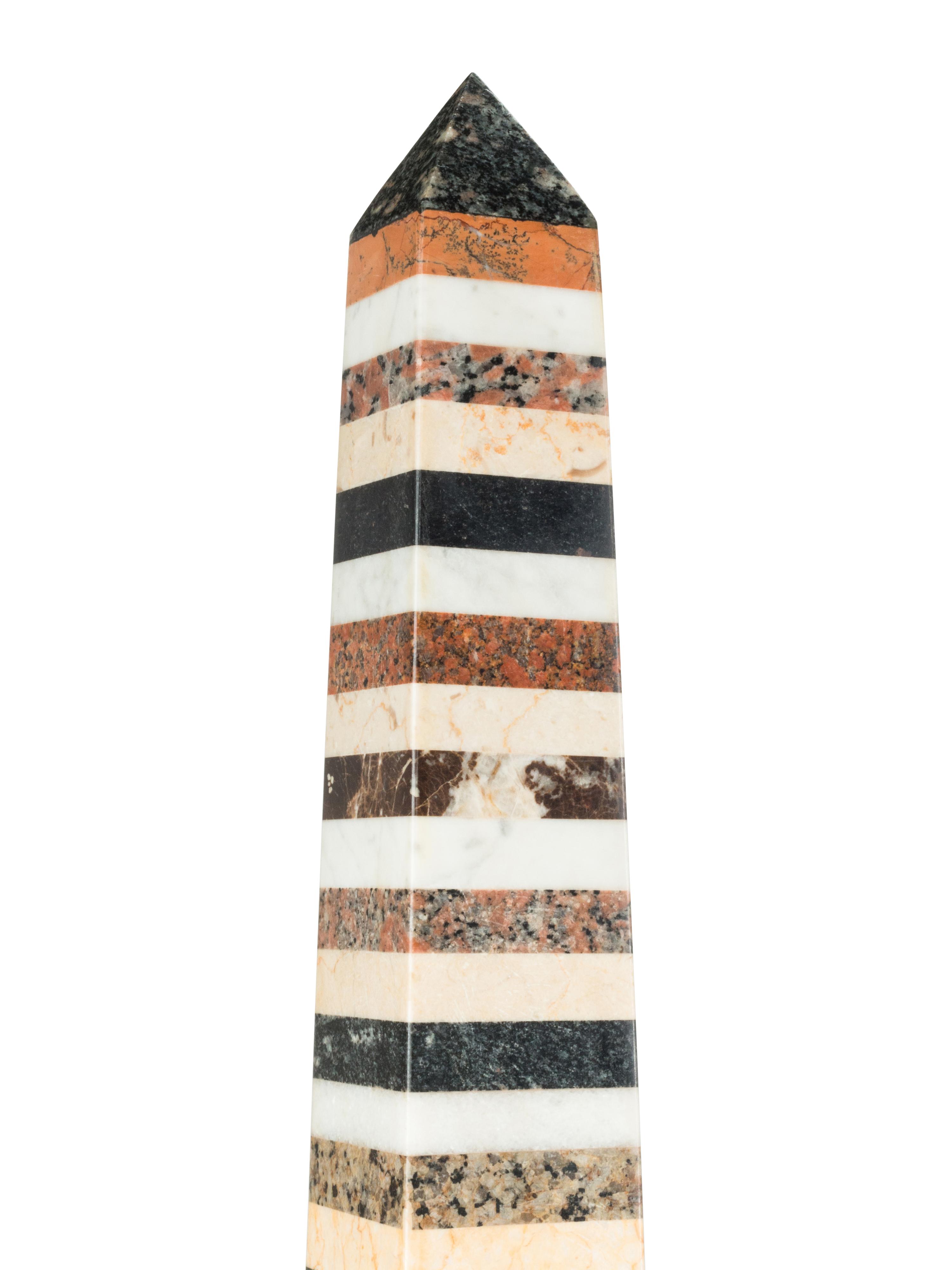 A Pair of Monumental Italian Grand Tour Style Vari-Color Marble Obelisks