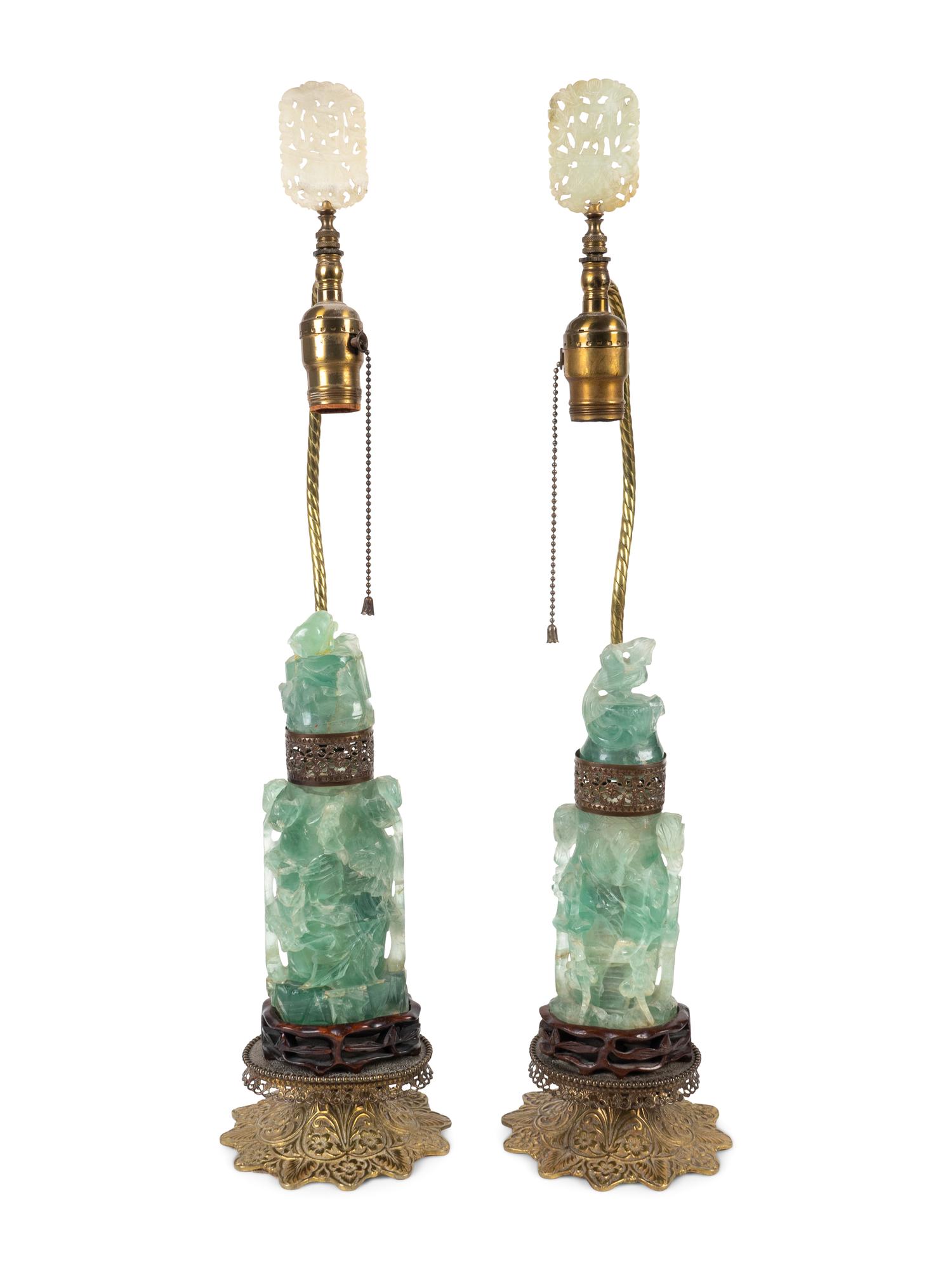 A Pair of Chinese Gilt Metal Mounted Jade Quartz Urns Mounted as Table Lamps — 20TH CENTURY